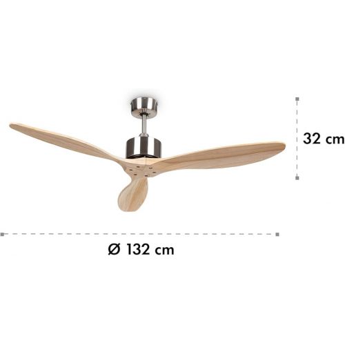 Klarstein Santa Elena Ceiling Fan, Diameter: 52 Inches (132 cm), 3 Real Wood Wings, Air Flow Rate: 9,060 m³/h, Timer, 3 Speed Settings, Low Noise: 45 dB Max