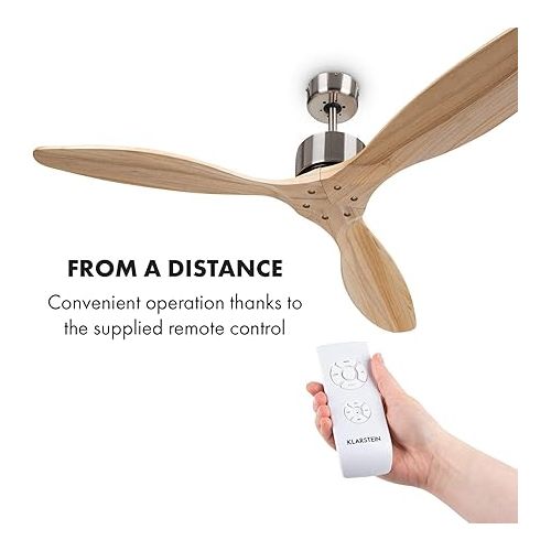  Klarstein Santa Elena Ceiling Fan, Diameter: 52 Inches (132 cm), 3 Real Wood Wings, Air Flow Rate: 9,060 m³/h, Timer, 3 Speed Settings, Low Noise: 45 dB Max