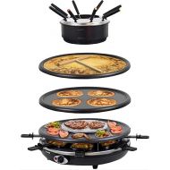 Syntrox Germany Raclette Grill Set Enamelled Wades with Fondue and Interchangeable Plates, Multifunctional Raclette, Pancake Crepe Maker, 8 People, 1350 Watt, Non-Stick Coating, Space-Saving Kitchen
