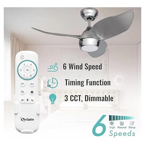  Ovlaim 91.5 cm Silver Ceiling Fan with Lighting, Modern Ceiling Fans with Remote Control Timer DC Motor 3 Reversible Blades for Bedroom Living Room