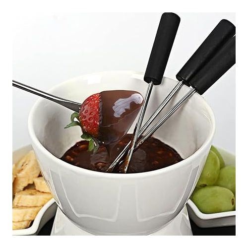  JTBDWOSK Keramike Chocolate Fondue Pot Set with Wooden Palette, 4 Forks, 4 Plates, Chocolate Fondue Set, Cheese Fondue for Chocolate, Cheese, Fondue, Family Dinner, Dessert, Picnics, Birthday Parties,