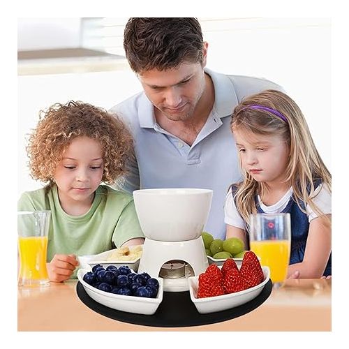  JTBDWOSK Keramike Chocolate Fondue Pot Set with Wooden Palette, 4 Forks, 4 Plates, Chocolate Fondue Set, Cheese Fondue for Chocolate, Cheese, Fondue, Family Dinner, Dessert, Picnics, Birthday Parties,