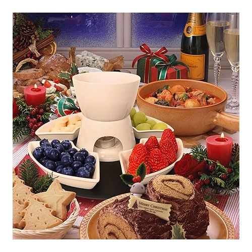  JTBDWOSK Keramike Chocolate Fondue Pot Set with Wooden Palette, 4 Forks, 4 Plates, Chocolate Fondue Set, Cheese Fondue for Chocolate, Cheese, Fondue, Family Dinner, Dessert, Picnics, Birthday Parties,