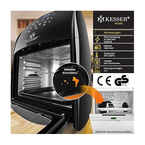  Kesser® XXL Airfryer 9-in-1 Hot Air Fryer, Rotating Grill, Drip Machine, Microwave, Recipe Book, Grill Skewer, 1800 Watt, Fat-Free Grill without Oil, 8 Programmes, Includes accessories in black