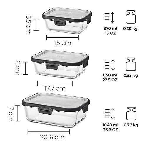  SILBERTHAL Food Storage Containers Set Glass with Stainless Steel Lid, Airtight, Set of 3, Sizes 1L, 600 ml and 400 ml