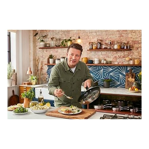  Tefal Jamie Oliver E51206 Frying Pan 28 cm Non-Stick Coating Safe Thermal Signal Riveted Handle Suitable for Induction Healthy Cooking Stainless Steel