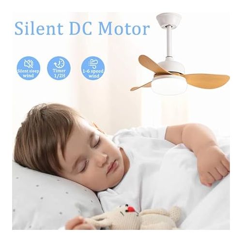  YUNZI Small Children's Ceiling Fan with Light and Remote Control, Switchable DC Motor, 6 Speeds, 3 Colours, Light, Modern Bedroom LED Ceiling Light with Fan C, 76 cm