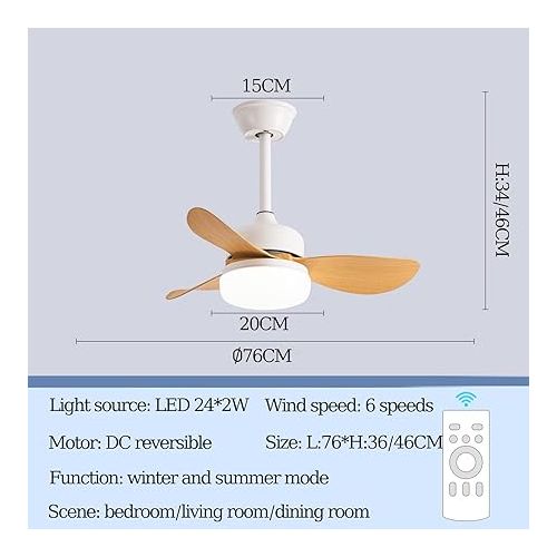  YUNZI Small Children's Ceiling Fan with Light and Remote Control, Switchable DC Motor, 6 Speeds, 3 Colours, Light, Modern Bedroom LED Ceiling Light with Fan C, 76 cm