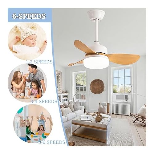  YUNZI Small Children's Ceiling Fan with Light and Remote Control, Switchable DC Motor, 6 Speeds, 3 Colours, Light, Modern Bedroom LED Ceiling Light with Fan C, 76 cm