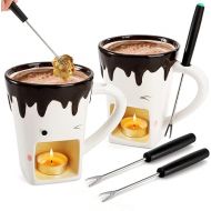 Dicunoy Set of 2 Fondue Pots with Forks, Ceramic Chocolate Melting Cups for Cheese, Single Ceramic Butter Warmer, Tea Light Candle Mini Simmer Pot for Caramel, Tapas