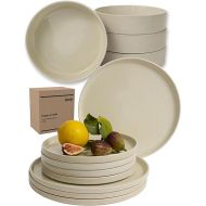 igunja Stoneware Crockery Set 12 Pieces for 4 People Premium Quality Dishwasher Safe Scratch-Resistant [Exterior Matt Interior Glossy] Dinner Service Crockery Set Plate Set Stylish Design Modern Beige