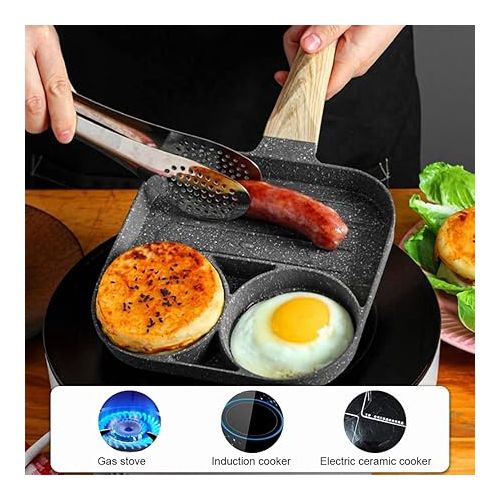  AVNICUD Non-Stick Egg Frying Pan, 3-Hole Pancake Pan with Non-Stick Coating, Rectangular Frying Pan with Anti-scald Handle, for Breakfast, Fried Egg, Pancakes, for Induction Hob & Gas Stove