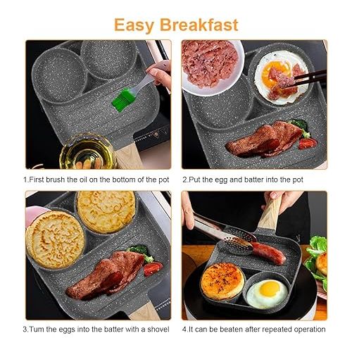  AVNICUD Non-Stick Egg Frying Pan, 3-Hole Pancake Pan with Non-Stick Coating, Rectangular Frying Pan with Anti-scald Handle, for Breakfast, Fried Egg, Pancakes, for Induction Hob & Gas Stove