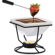 TOLIDA Chocolate Fondue Set White Square Chocolate Melting Pot with Black Iron Stand Porcelain Cheese Fondue Pot with 2 Forks Mini Heat Resistant Burner for Sweets Butter Cheese