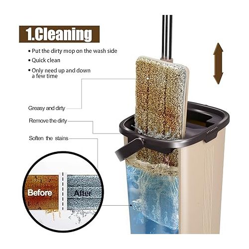  MASTERTOP Mop Set and Cleaning Bucket, Floor Mop with 6 Microfibre Pads, Self-Cleaning Flat Mop for Dry and Wet, Floor Cleaning, Tiles, Parquet, Laminate