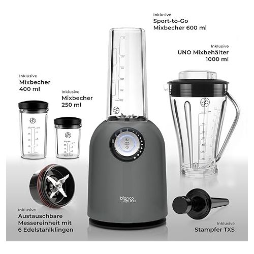  Attivo High Performance Mixer with Additional Container and Travel Bag High-Performance Motor up to 24,500 rpm Smoothie Maker 3 Mixing Programmes 1 Litre Mixing Container BPA-Free Bianco di puro ®