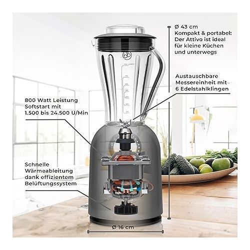  Attivo High Performance Mixer with Additional Container and Travel Bag High-Performance Motor up to 24,500 rpm Smoothie Maker 3 Mixing Programmes 1 Litre Mixing Container BPA-Free Bianco di puro ®