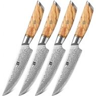 XINZUO Damascus Steel 4-Piece Steak Knife Set, 13.1 cm Cutlery Knife, for 4 People, Damascus Powder Steel, High-Quality Table Knife, Sharp Kitchen Knife, Olive Wood Handle, with Beautiful Gift Box