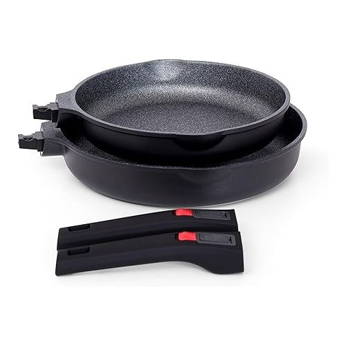  INTIGNIS Non-Stick Frying Pan | Marble Coated | Removable Handle | Induction Gas Electric Hobs Safe | Easy Cleaning, Space Saving (2, 24 + 28)