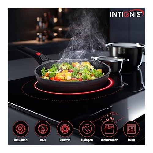  INTIGNIS Non-Stick Frying Pan | Marble Coated | Removable Handle | Induction Gas Electric Hobs Safe | Easy Cleaning, Space Saving (2, 24 + 28)
