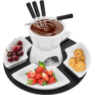 MoYouno Ceramic Chocolate Fondue Set, Cheese Fondue Sets with 4 Forks and 4 Bowls, Ceramic Butter Warmer, Non Electric Fondue Set, Heated with a Tea Light, for Cheese, Caramel (White)