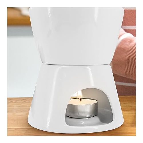  MoYouno Ceramic Chocolate Fondue Set, Cheese Fondue Sets with 4 Forks and 4 Bowls, Ceramic Butter Warmer, Non Electric Fondue Set, Heated with a Tea Light, for Cheese, Caramel (White)