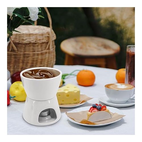  MoYouno Ceramic Chocolate Fondue Set, Cheese Fondue Sets with 4 Forks and 4 Bowls, Ceramic Butter Warmer, Non Electric Fondue Set, Heated with a Tea Light, for Cheese, Caramel (White)