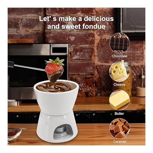  MoYouno Ceramic Chocolate Fondue Set, Cheese Fondue Sets with 4 Forks and 4 Bowls, Ceramic Butter Warmer, Non Electric Fondue Set, Heated with a Tea Light, for Cheese, Caramel (White)