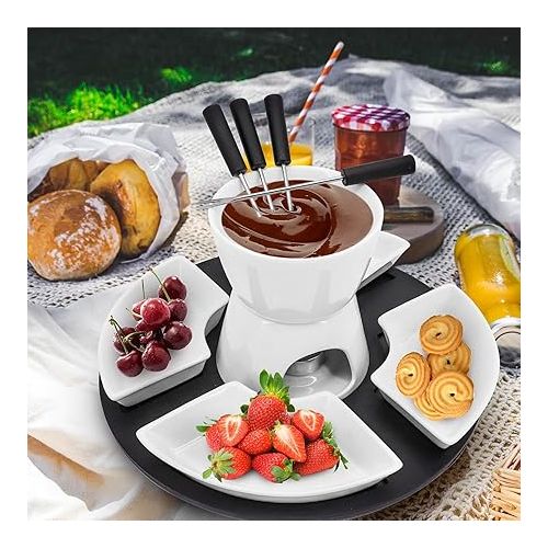  MoYouno Ceramic Chocolate Fondue Set, Cheese Fondue Sets with 4 Forks and 4 Bowls, Ceramic Butter Warmer, Non Electric Fondue Set, Heated with a Tea Light, for Cheese, Caramel (White)