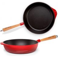 Oakfire Cast Iron Frying Pan Enamelled 28 cm Induction Cast Iron with Non-Stick Patina, Enamel (Red, Frying Pan)