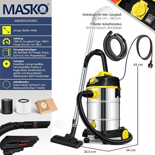  Masko® industrial vacuum cleaner, 1800 W, with socket, blow function, multi-purpose vacuum cleaner, dry and wet suction, industrial vacuum cleaner with and without bags, water vacuum cleaner, bagless, yellow