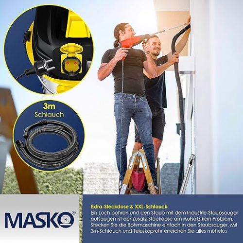  Masko® industrial vacuum cleaner, 1800 W, with socket, blow function, multi-purpose vacuum cleaner, dry and wet suction, industrial vacuum cleaner with and without bags, water vacuum cleaner, bagless, yellow