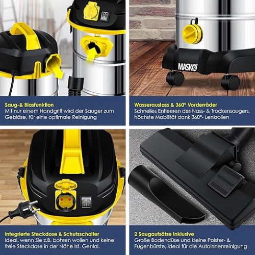  Masko® industrial vacuum cleaner, 1800 W, with socket, blow function, multi-purpose vacuum cleaner, dry and wet suction, industrial vacuum cleaner with and without bags, water vacuum cleaner, bagless, yellow