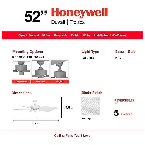  Honeywell Ceiling Fans Duval 50206 Deckenventilator fur Innen- und Außenbereich, 132 cm, Weiß