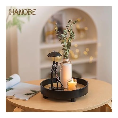  Hanobe Wooden Raiser Stand: Decorative Tray Wooden Tray Decorative Wooden Risers for Display Black Serving Tray Round with Feet Modern Chic Decorative Plate Wood with Stand