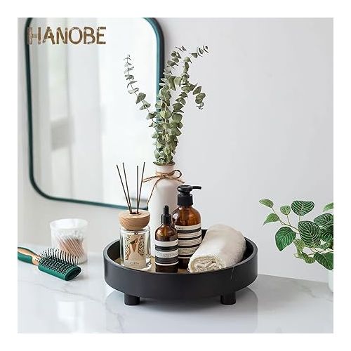  Hanobe Wooden Raiser Stand: Decorative Tray Wooden Tray Decorative Wooden Risers for Display Black Serving Tray Round with Feet Modern Chic Decorative Plate Wood with Stand