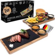 LIKAYA® Luis Serving Board Set of 2 Made of FSC® Acacia Wood with Slate Plate and Sauce Bowls - Perfect as a Grill Board, Steak Board, Grill Accessory and Gift for Steak, Burger & Sushi