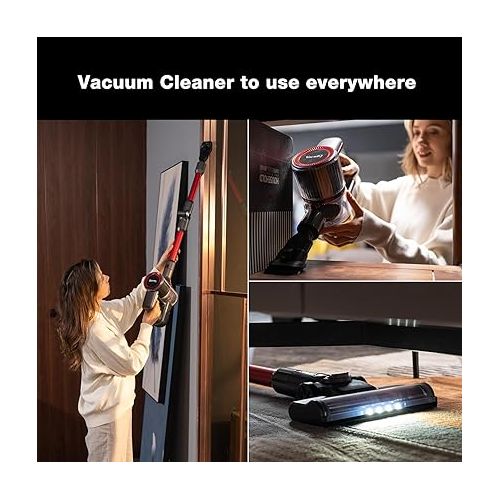  VacniQ Cordless Vacuum Cleaner, 25000Pa/210W, Electric Broom, 40 Minutes Automatic Vacuum, 1 Litre Capacity, for Hard Floors, Carpets, Pet Hair, Floor Vacuum Cleaner (Red)