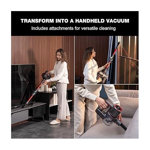  VacniQ Cordless Vacuum Cleaner, 25000Pa/210W, Electric Broom, 40 Minutes Automatic Vacuum, 1 Litre Capacity, for Hard Floors, Carpets, Pet Hair, Floor Vacuum Cleaner (Red)