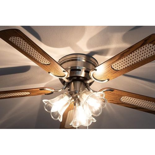  Pepeo - Kisa Ceiling Fan with Lighting | Fan with Pull Switch in Silver with Reversible Blades in Oak and Walnut Wood Effect Diameter 105 cm (Colour: Brushed Nickel, Oak/Walnut)