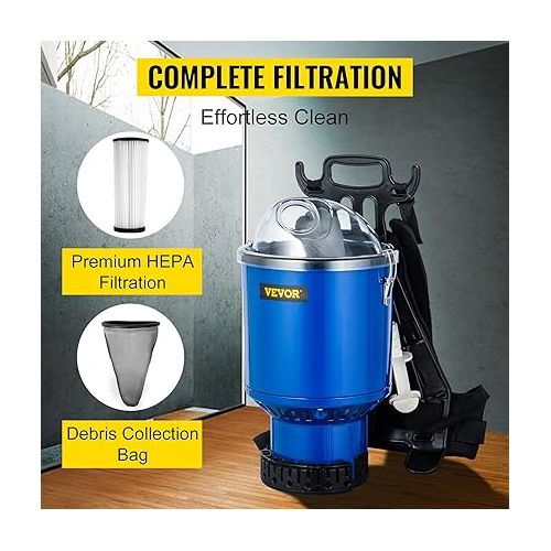  VEVOR Backpack Vacuum Cleaner 4L Commercial Backpack Vacuum Cleaner HEPA Filtration Back Vacuum Cleaner 1000W Portable Vacuum Cleaner 330 x 330 x 580 mm Handheld Vacuum Cleaner 18 m Extension Cable