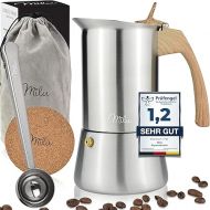 Milu Espresso Maker Suitable for Induction | 2, 4, 6, 9 Cups | Stainless Steel Mocha Pot, Espresso Pot, Espresso Maker Set Including Coaster, Spoon (Handle: Wood Look, 9 Cups (450 ml))