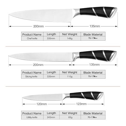  BFYLIN Kitchen Knife Sets, Kitchen Knife Set 3, Chef's Knife Made of High-Quality Carbon Stainless Steel, Chef's Knife, Filleting Knife, Universal Knife, Sharp Knife Set (Black)