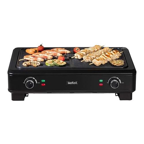  Tefal Electric Grill Smoke Less TG9008 Electric Indoor BBQ Table Grill Low Smoke and Odour Formation 2 Independent Grill Surfaces Thermostats with 5 Settings Easy Cleaning 2000 W