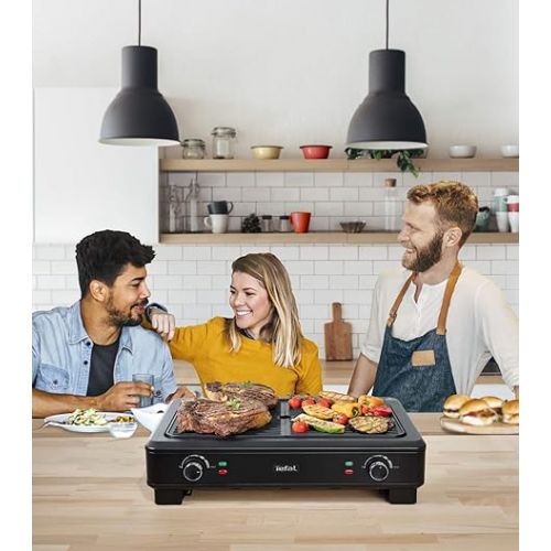  Tefal Electric Grill Smoke Less TG9008 Electric Indoor BBQ Table Grill Low Smoke and Odour Formation 2 Independent Grill Surfaces Thermostats with 5 Settings Easy Cleaning 2000 W