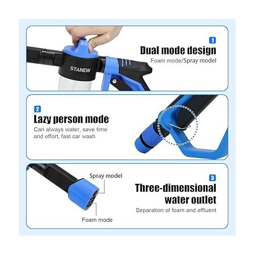  STANEW Multifunctional Car Water Gun, Low Pressure Cleaning Foam Gun, Foam Washing Gun for Car, Home, Garden, and 2 Types of Car Wash Cloths