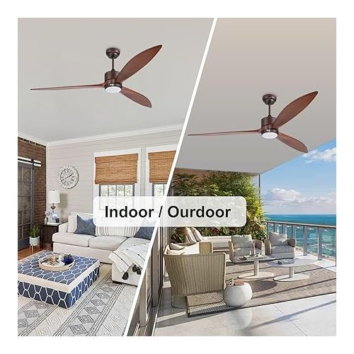  reiga 165 cm Solid Wood Outdoor Ceiling Fan with DC Motor, Dimmable LED Lighting Set, Compatible with Alexa Google Home App and Remote Control, 6-Speed, IP44, Brown Wooden Wing