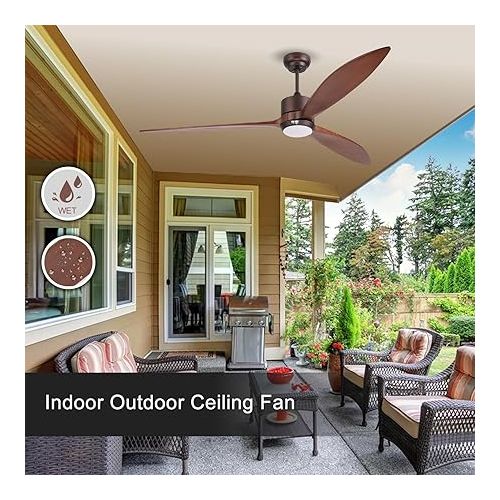  reiga 165 cm Solid Wood Outdoor Ceiling Fan with DC Motor, Dimmable LED Lighting Set, Compatible with Alexa Google Home App and Remote Control, 6-Speed, IP44, Brown Wooden Wing