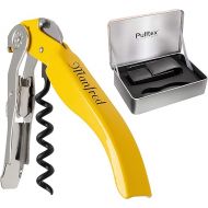 Pulltex Sommelier Set 2-Piece Waiter's Knife Pulltaps ClickCut Yellow with Laser Engraving and Black Faux Leather Case in Elegant Gift Box