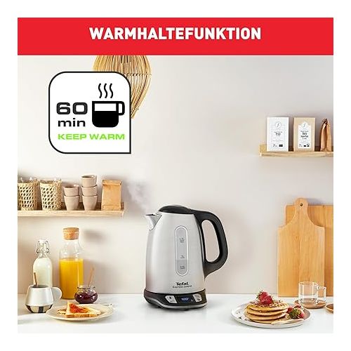  Tefal Kabelloser Wasserkocher aus Edelstahl, 1,7 l, 2400 W, 7 Temperaturen einstellbar von 60 bis 100°, Digitalbildschirm, Warmhalten 60 min, Express Control KI240D10